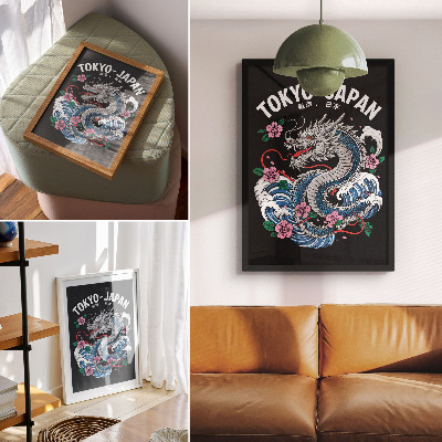 Decoratieve poster Een draak te midden van bloemen en golven, een dynamische compositie.