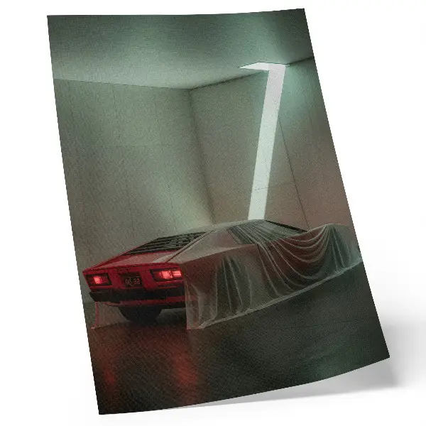 Decoratieve poster met een minimalistische afbeelding van een klassieke auto in een elegante, lichte stijl