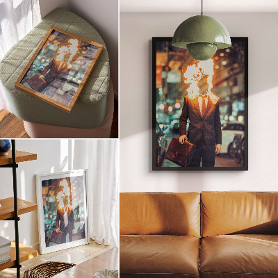 Poster Elegante man met brandend hoofd in de stad