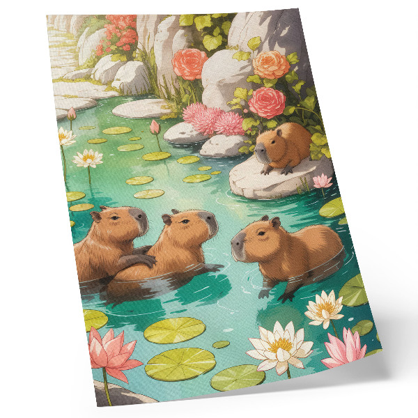 Wandposter Capibara's in de vijver, bloemen, harmonie van de natuur