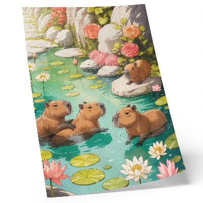 Wandposter Capibara's in de vijver, bloemen, harmonie van de natuur