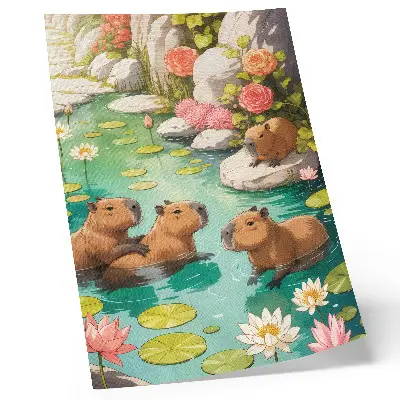 Wandposter capibara's in de vijver met bloemen in harmonie met de natuur