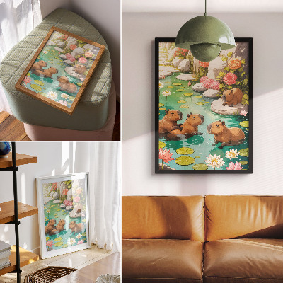 Wandposter Capibara's in de vijver, bloemen, harmonie van de natuur
