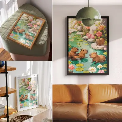 Wandposter capibara's in de vijver met bloemen in harmonie met de natuur