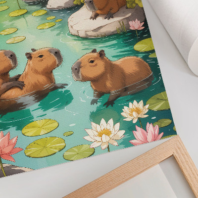 Wandposter Capibara's in de vijver, bloemen, harmonie van de natuur