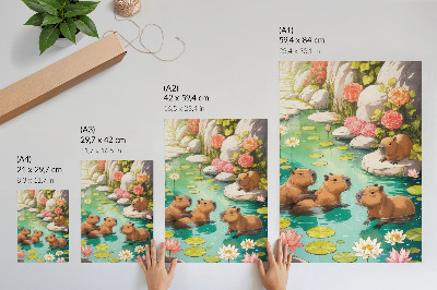 Wandposter Capibara's in de vijver, bloemen, harmonie van de natuur