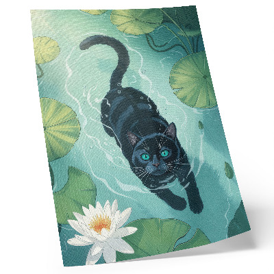Poster Kat in het water, delicate waterlelieblaadjes