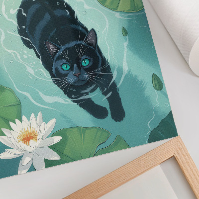 Poster Kat in het water, delicate waterlelieblaadjes