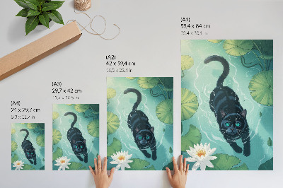 Poster Kat in het water, delicate waterlelieblaadjes