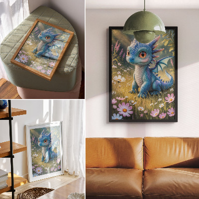 Decoratieve poster Een sierlijke blauwe draak tussen de bloemen.