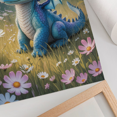 Decoratieve poster Een sierlijke blauwe draak tussen de bloemen.