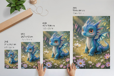 Decoratieve poster Een sierlijke blauwe draak tussen de bloemen.