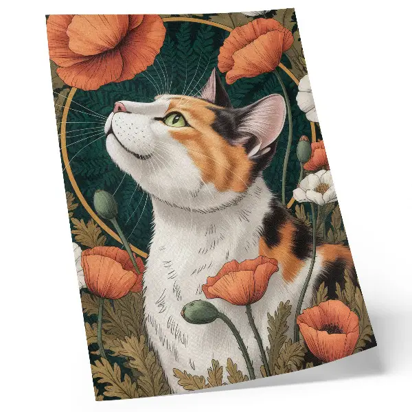 Decoratieve poster kat tussen de klaprozen in een natuurlijke illustratiestijl