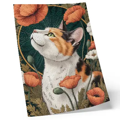 Decoratieve poster kat tussen de klaprozen in een natuurlijke illustratiestijl