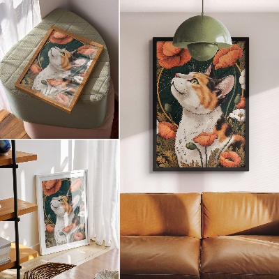 Decoratieve poster Kat tussen de klaprozen, illustratiestijl, natuur