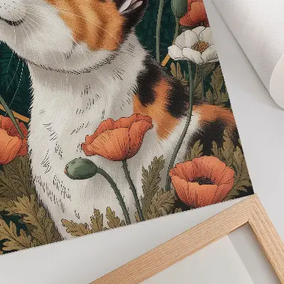 Decoratieve poster kat tussen de klaprozen in een natuurlijke illustratiestijl