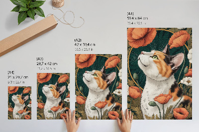 Decoratieve poster Kat tussen de klaprozen, illustratiestijl, natuur