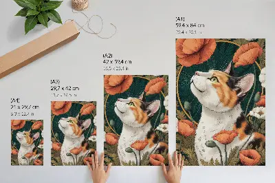Decoratieve poster kat tussen de klaprozen in een natuurlijke illustratiestijl
