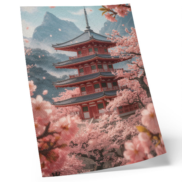 Poster Kersenboom pagode bergen romantische sfeer