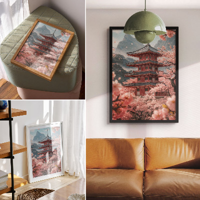 Poster Kersenboom pagode bergen romantische sfeer