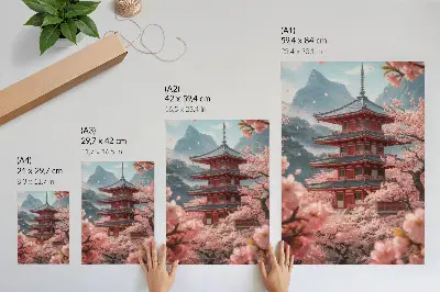 Poster kersenboom bij een pagode en bergen in een romantische sfeer