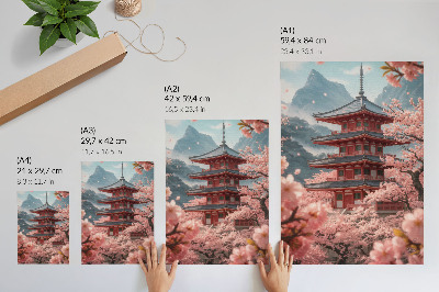 Poster Kersenboom pagode bergen romantische sfeer