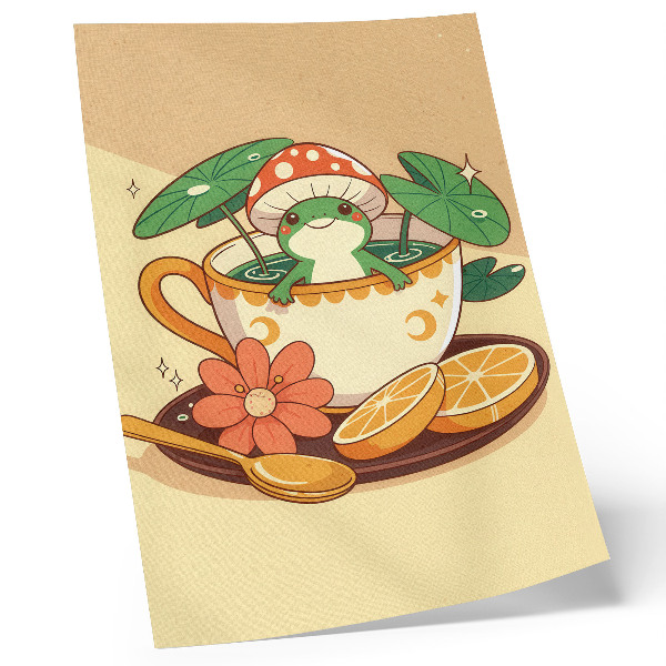 Wandposter Kikker in een kopje met bloemen, sinaasappels en bladeren