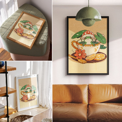 Wandposter Kikker in een kopje met bloemen, sinaasappels en bladeren