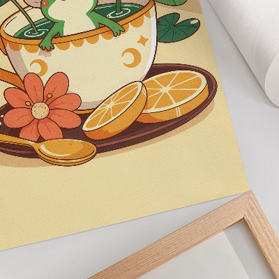 Wandposter Kikker in een kopje met bloemen, sinaasappels en bladeren
