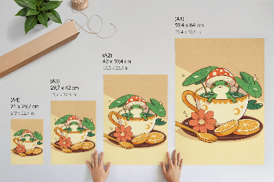 Wandposter Kikker in een kopje met bloemen, sinaasappels en bladeren