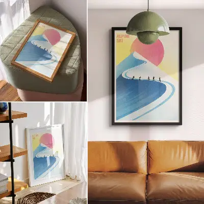 Poster minimalistische scène met skiërs en de lucht