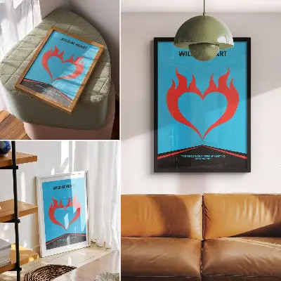 Decoratieve poster met rode vlammen in een hartvorm op een blauwe achtergrond in modern thema