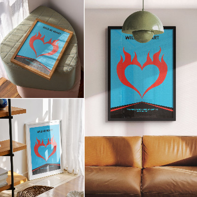 Decoratieve poster Rode vlammen, hart, blauwe achtergrond, modern thema