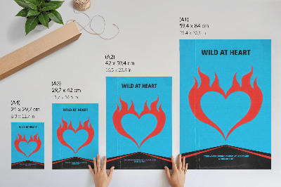 Decoratieve poster Rode vlammen, hart, blauwe achtergrond, modern thema