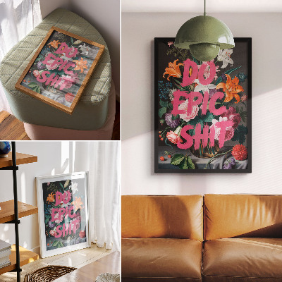 Wandposter Roze letters op een achtergrond van kleurrijke bloemen.