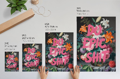 Wandposter Roze letters op een achtergrond van kleurrijke bloemen.