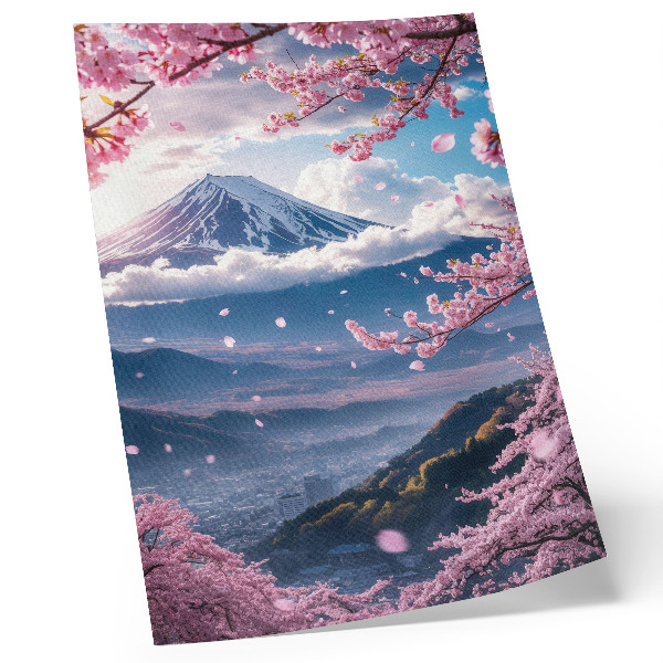 Wandposter Bergen en bloeiende sakurabomen tegen een roze hemel.