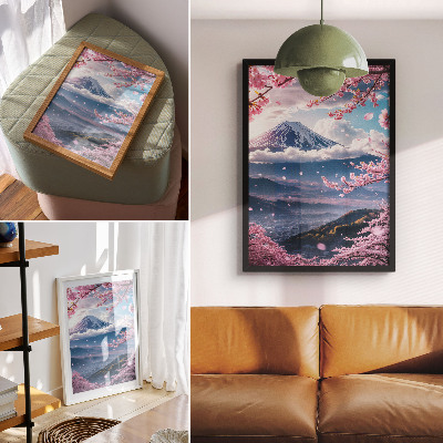 Wandposter Bergen en bloeiende sakurabomen tegen een roze hemel.