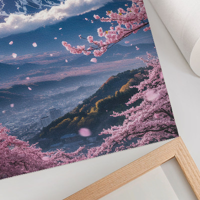 Wandposter Bergen en bloeiende sakurabomen tegen een roze hemel.