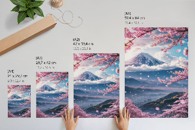 Wandposter Bergen en bloeiende sakurabomen tegen een roze hemel.