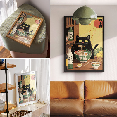 Wandposter Kat met ramen en citroenen, Japans thema, tijdloze sfeer