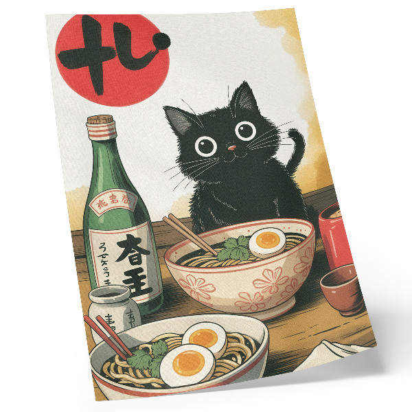 Poster Zwarte kat ramen sake fles Japans motief