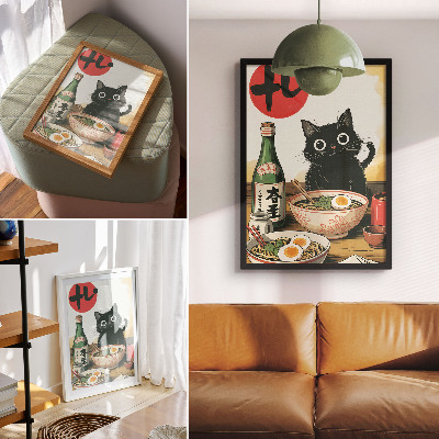 Poster Zwarte kat ramen sake fles Japans motief
