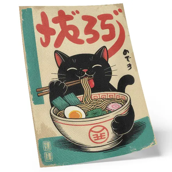 Decoratieve poster zwarte kat in een ramenkom met Japanse retro-stijl