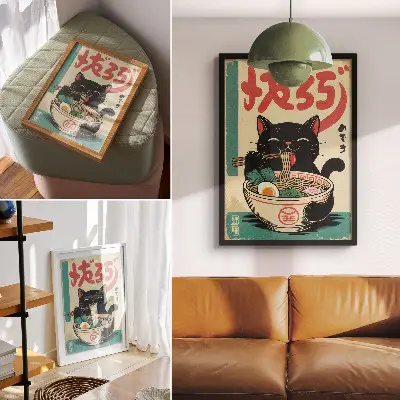 Decoratieve poster zwarte kat in een ramenkom met Japanse retro-stijl