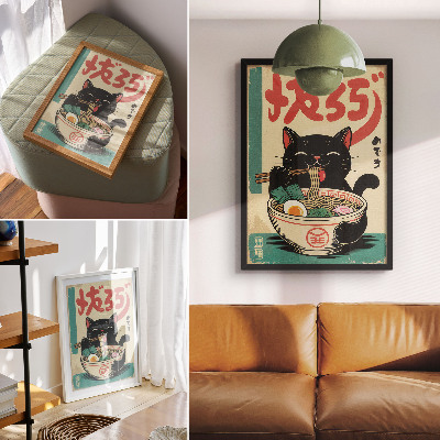 Decoratieve poster Zwarte kat ramenkom, Japanse retro-inspiratie