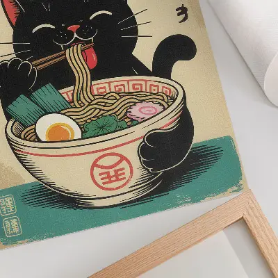 Decoratieve poster zwarte kat in een ramenkom met Japanse retro-stijl