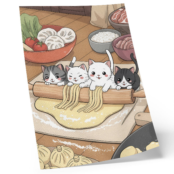 Wandposter Kittens in de keuken, illustratie met een warm kleurenpalet