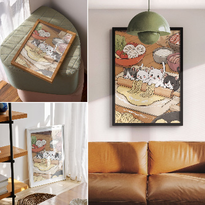 Wandposter Kittens in de keuken, illustratie met een warm kleurenpalet