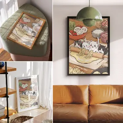 Wandposter kittens in de keuken met een warm kleurenpalet